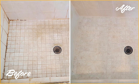 Before and After Picture of a Waxhaw Shower Caulked to Fix Cracks