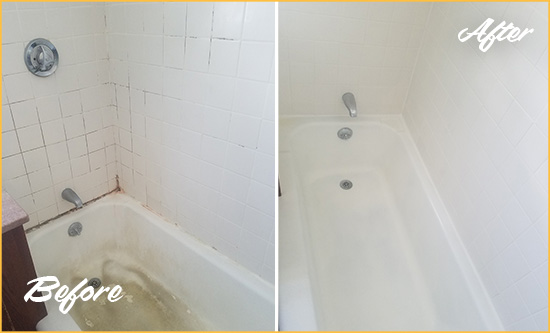 Before and After Picture of a Mooresville Bathtub Caulked to Repair Cracks