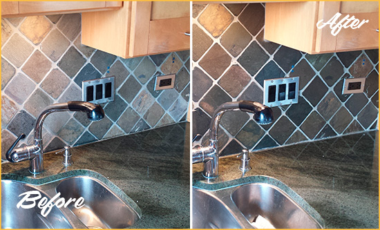 Before and After Picture of a Mooresville Backsplash Caulked to Fix and Prevent Water Leaks