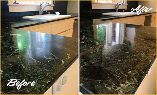 Before and After Picture of a Mooresville Marble Stone Counter Polished to Eliminate Water Marks