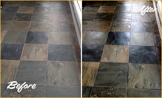 Before and After Picture of a Dull Stallings Slate Floor Sealed to Bring Back Its Colors