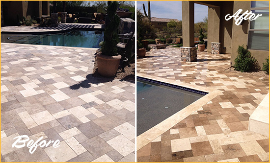 Before and After Picture of a Dull Matthews Travertine Pool Deck Cleaned to Recover Its Original Colors