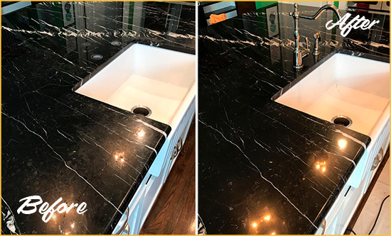 Before and After Picture of a Cornelius Marble Kitchen Countertop Stone Sealed to Avoid Water Damage