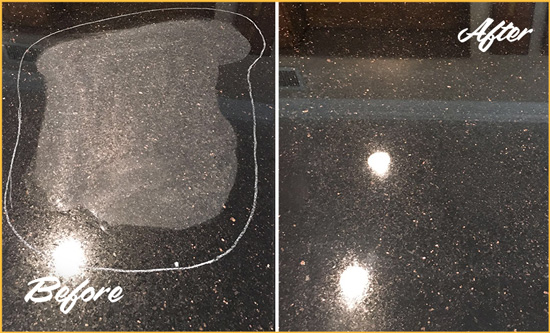 Before and After Picture of a Mooresville Granite Kitchen Countertop Honed to Eliminate Scratch