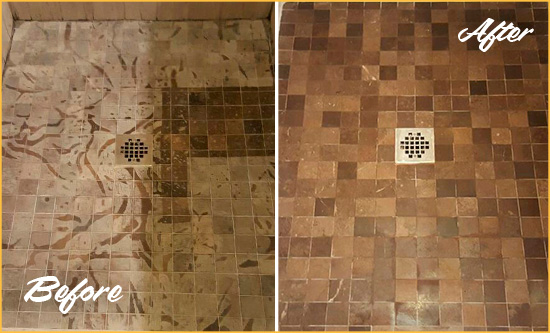 Before and After Picture of a Mooresville Marble Shower Honed to Remove Etching