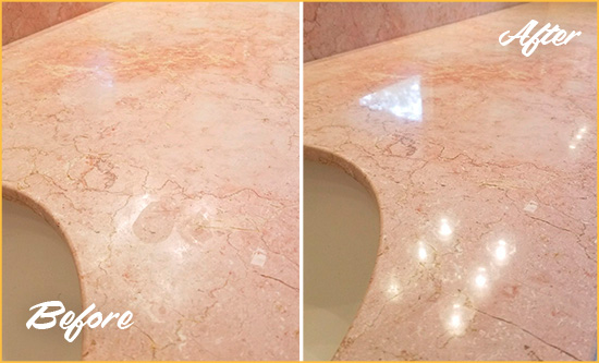 Before and After Picture of a Mooresville Marble Vanity Top Honed to Eliminate Water Spots