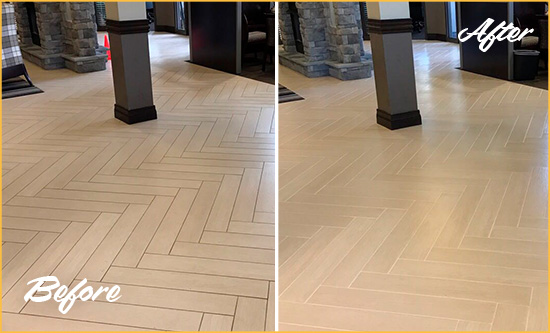Before and After Picture of a Mooresville Hard Surface Restoration Service on an Office Lobby Tile Floor to Remove Embedded Dirt