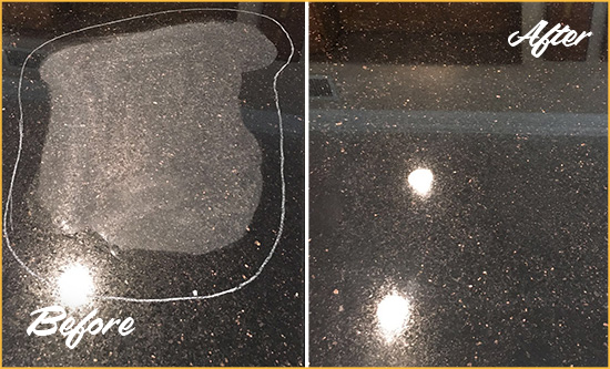 Before and After Picture of a Mooresville Hard Surface Restoration Service on a Granite Countertop to Remove Scratches