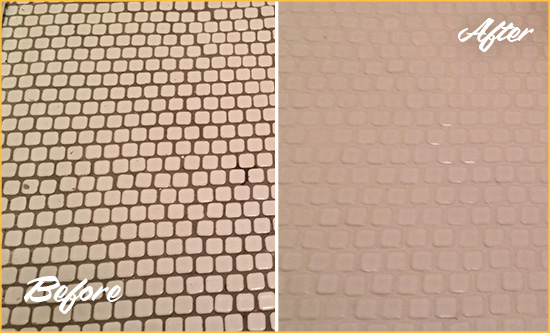 Before and After Picture of a Stallings Hard Surface Restoration Service on a Bathroom Tile Floor Recolored to Fix Grout Color