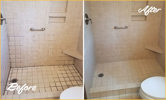 Before and After Picture of a Mooresville Shower Grout Cleaned to Remove Mold