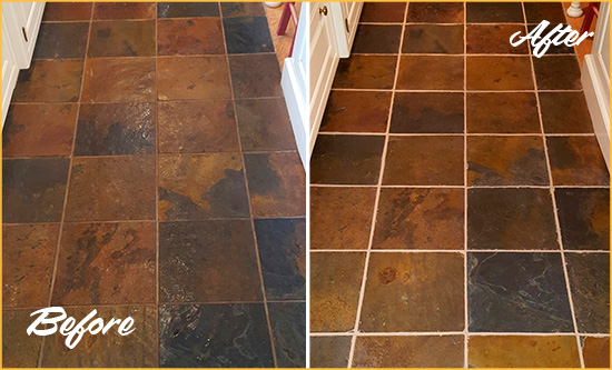 Before and After Picture of Mooresville Slate Floor Grout Cleaned to Remove Dirt