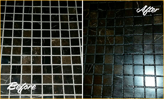 Before and After Picture of a Mooresville Black Floor with Recolored Grout