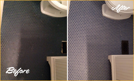 Before and After Picture of a Charlotte Blue Tile Floor Recolored Grout