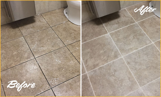 Before and After Picture of a Mooresville Office Restroom Floor Recolored Grout