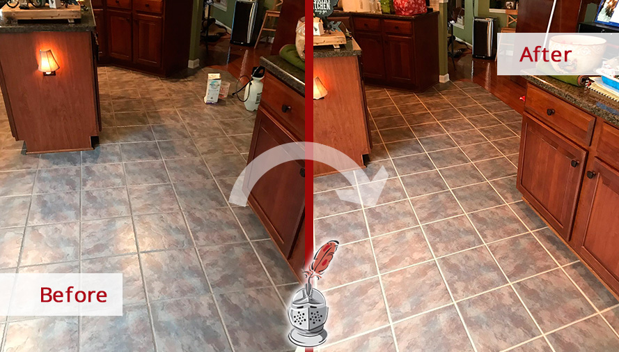 Before and After Picture of a Tile Floor Grout Sealing in Charlotte, North Carolina