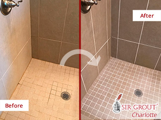 Before and After Picture of a Shower Grout Sealing in Mooresville, North Carolina