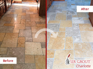 Before and After Picture of a Travertine Floor Stone Honing Service in Charlotte, North Carolina