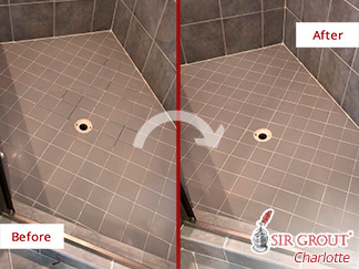 Before and After Picture of a Shower Grout Recoloring Service in Charlotte, NC