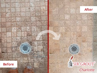 Stone Floor Before and After a Grout Cleaning Service in Charlotte, NC