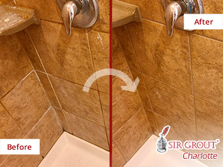 Picture of a Shower Before and After a Grout Recoloring in Charlotte, NC