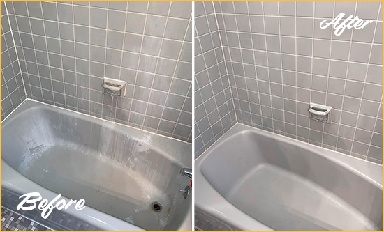 Before and After Picture of a Tub Caulking on a Porcelain Tile Shower