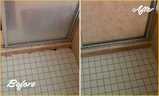 Before and After Picture of Shower Caulking on Moldy Bathtub Joints