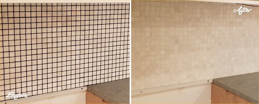Picture of Beige Tile Backsplash Before and After Changing Grout Color