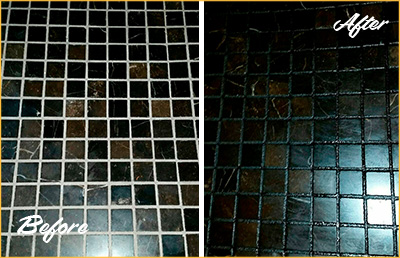 Picture of Black Tile Floor Before and After Grout Color Change