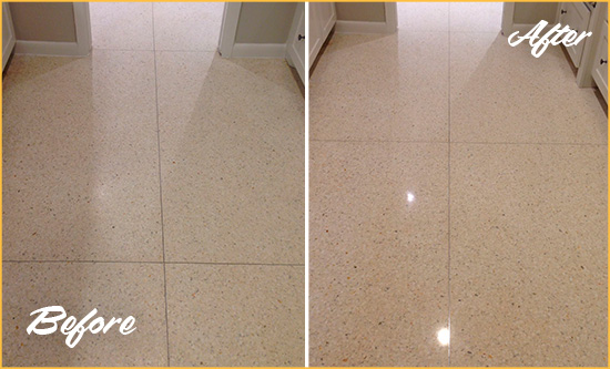 Before and After Picture of Dull Granite Floor Cleaned and Sealed to a Shiny Gloss