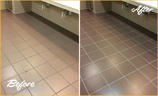 Before and After Picture of a Huntersville Restrooms Tile and Grout Cleaned to Remove Embedded Dirt