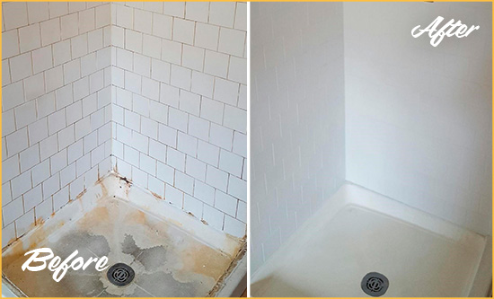 Before and After Picture of a Monroe Shower Tile and Grout Cleaned to Remove Soap Scum
