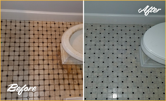 Before and After Picture of a Marvin Bathroom Tile and Grout Cleaned to Remove Stains