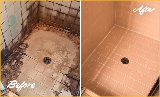 Before and After Picture of a Cornelius Shower Tile and Grout Cleaned to Repair Water Damage