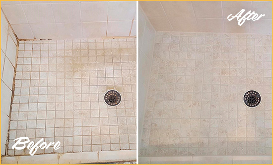 Before and After Picture of a Marvin Shower Caulked to Fix Cracks