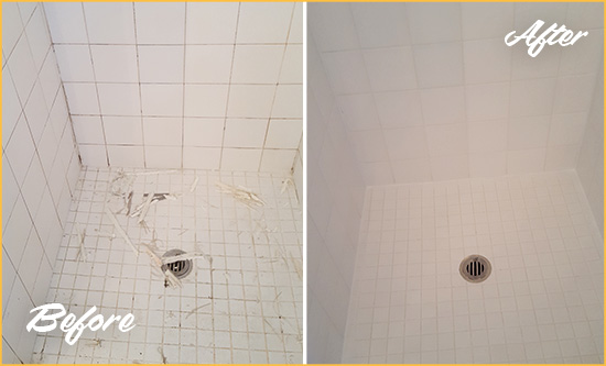 Before and After Picture of a Charlotte Bathroom Re-Caulked To Repair Damaged Caulking