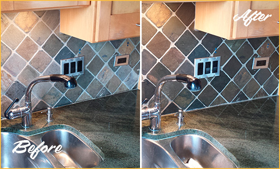 Before and After Picture of a Harrisburg Backsplash Caulked to Fix and Prevent Water Leaks