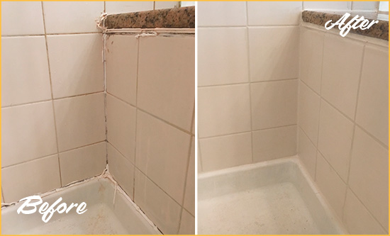 Before and After Picture of a Marvin Shower Caulked to Repair Damaged Caulking