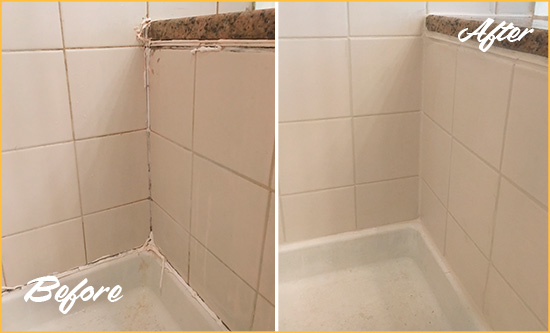 Before and After Picture of a Harrisburg Shower Caulked to Repair Damaged Caulking