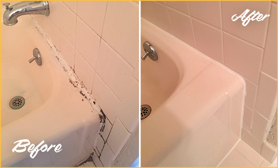 Before and After Picture of a Weddington Bathroom Sink Caulked to Fix a DIY Proyect Gone Wrong