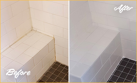 Before and After Picture of a Monroe Shower Seat Caulked to Protect Against Mold and Mildew Growth