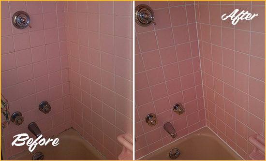 Before and After Picture of a Harrisburg Bathtub Caulked to Eliminate Mold