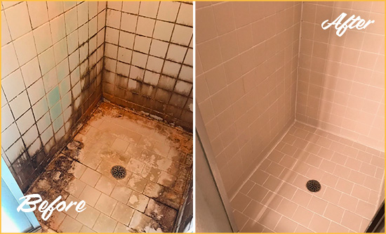 Before and After Picture of a Lake Wylie Shower Caulked to Fix and Prevent Water Damage