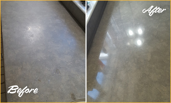 Before and After Picture of a Dull Mint Hill Limestone Countertop Polished to Recover Its Color