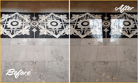 Before and After Picture of a Davidson Marble Stone Floor Polished to a Mirror Shine