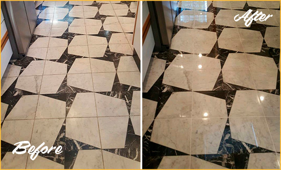 Before and After Picture of a Dull Charlotte Marble Stone Floor Polished To Recover Its Luster