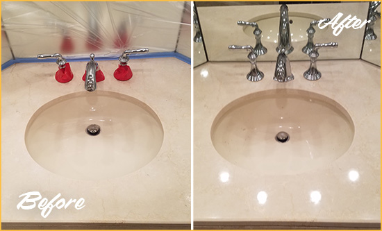 Before and After Picture of a Dull Rock Hill Marble Stone Vanity Top Polished to Bring-Back Its Sheen