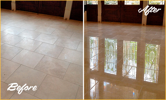Before and After Picture of a Dull Weddington Travertine Stone Floor Polished to Recover Its Gloss