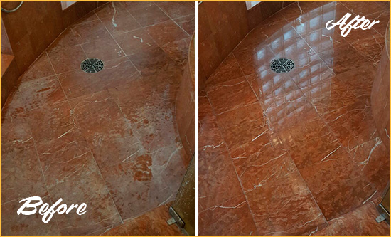 Before and After Picture of a Indian Land Marble Stone Shower Polished to Eliminate Mineral Deposits