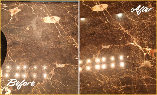 Before and After Picture of a Mint Hill Marble Stone Countertop Polished to Eliminate Stains