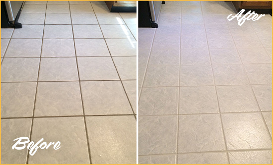 Before and After Picture of a Mint Hill Kitchen Ceramic Floor Sealed to Protect From Dirt and Spills